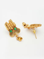 NVR Women's Gold-Polished Green Stone Studded Handcrafted Temple Jewellery Set