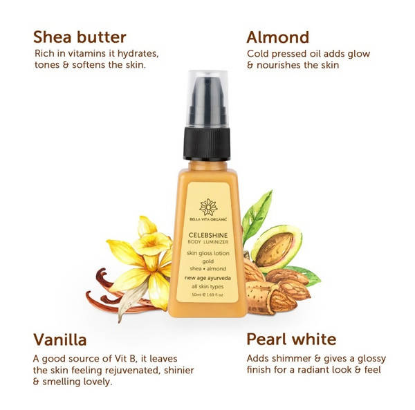 Bella Vita Organic Celeb Shine Body Luminizing Shimmer skin Gloss Lotion Gold Shea Butter Almond