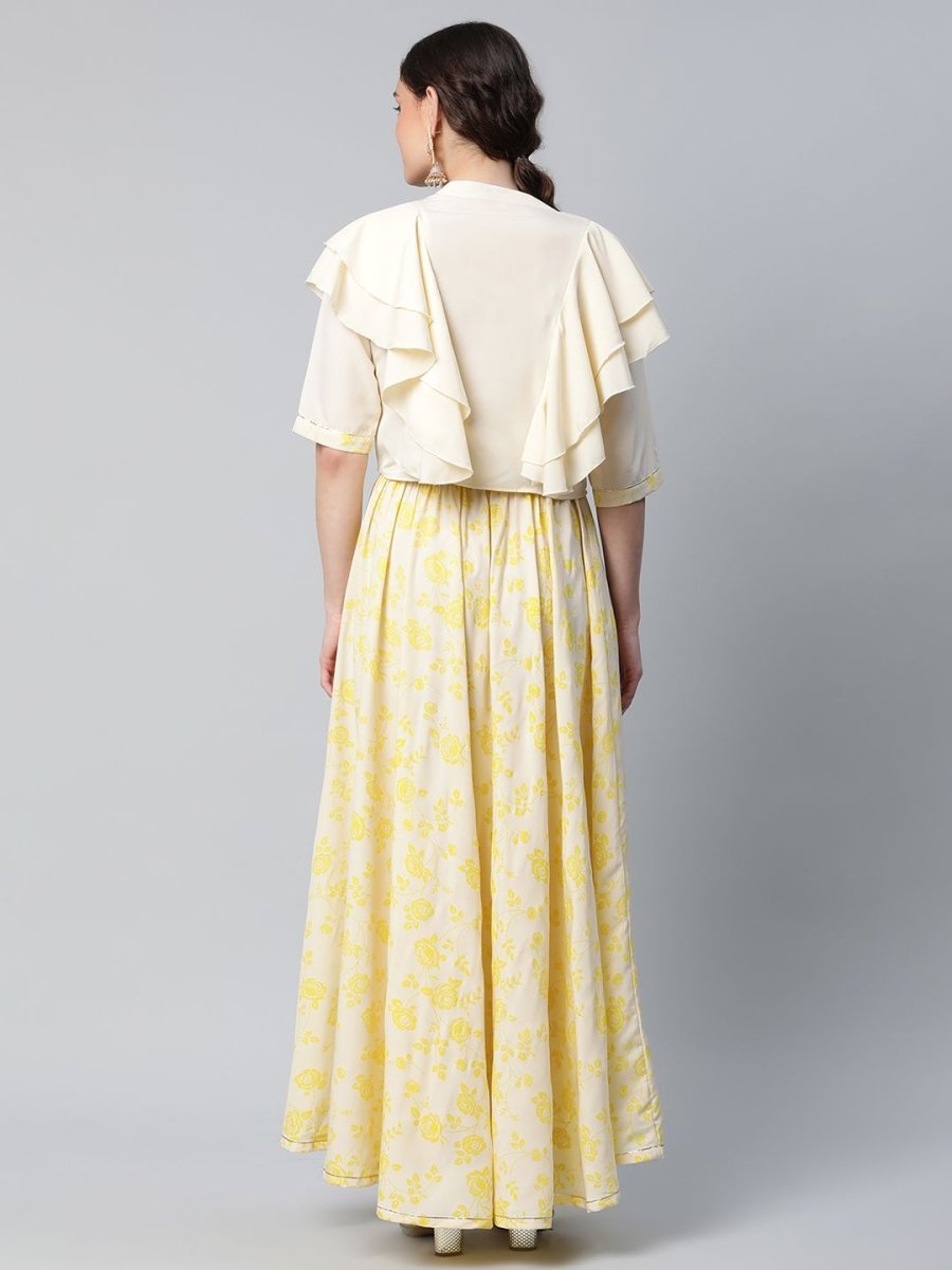 Ahalyaa Women Crepe Cream Solid Top with Printed Skirt with Ruffle Details - Distacart