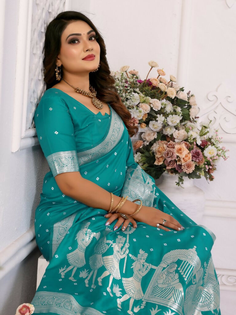 Anaita Turquoise kochi Silk With Bandhej Weaving Saree With Blouse