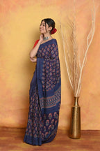 Very Much Indian Handblock Printed Cotton Saree With Natural Dyes - Blue - Distacart