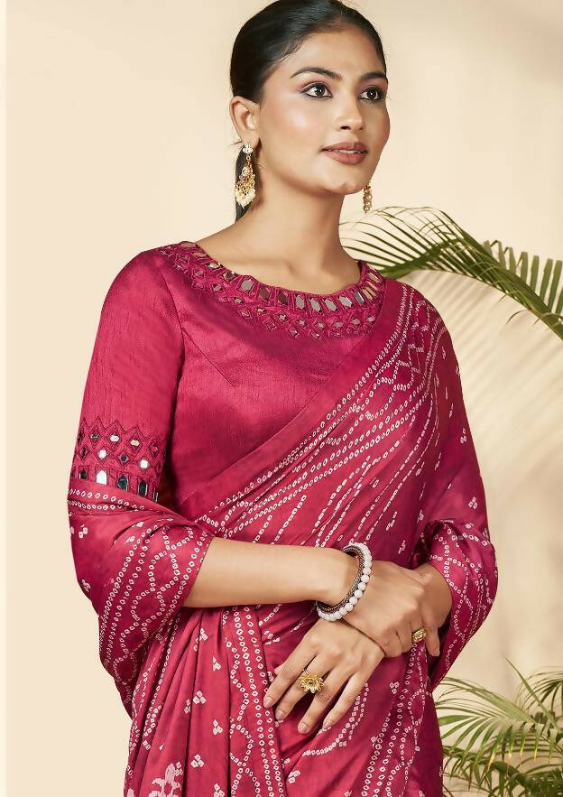 Pink Gajji Silk Bandhani Print with Mirror hand work Saree - Norita Nirvi