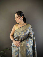 Joban Fashion Grey Floral & Ethnic Motifs Design Soft Silk Meenakari Banarasi Saree - Distacart