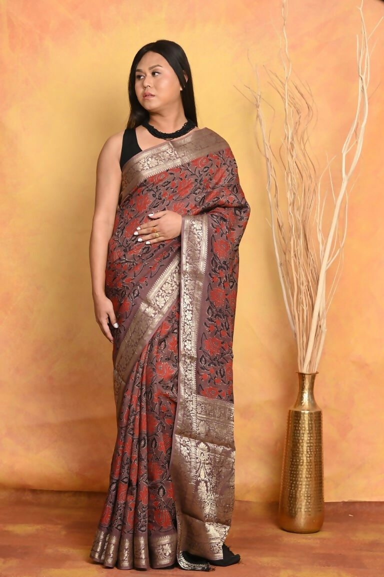 Very Much Indian Modal Silk Ajrakh Handblock Printed Natural Dyes With Designer Border Saree - Maroon