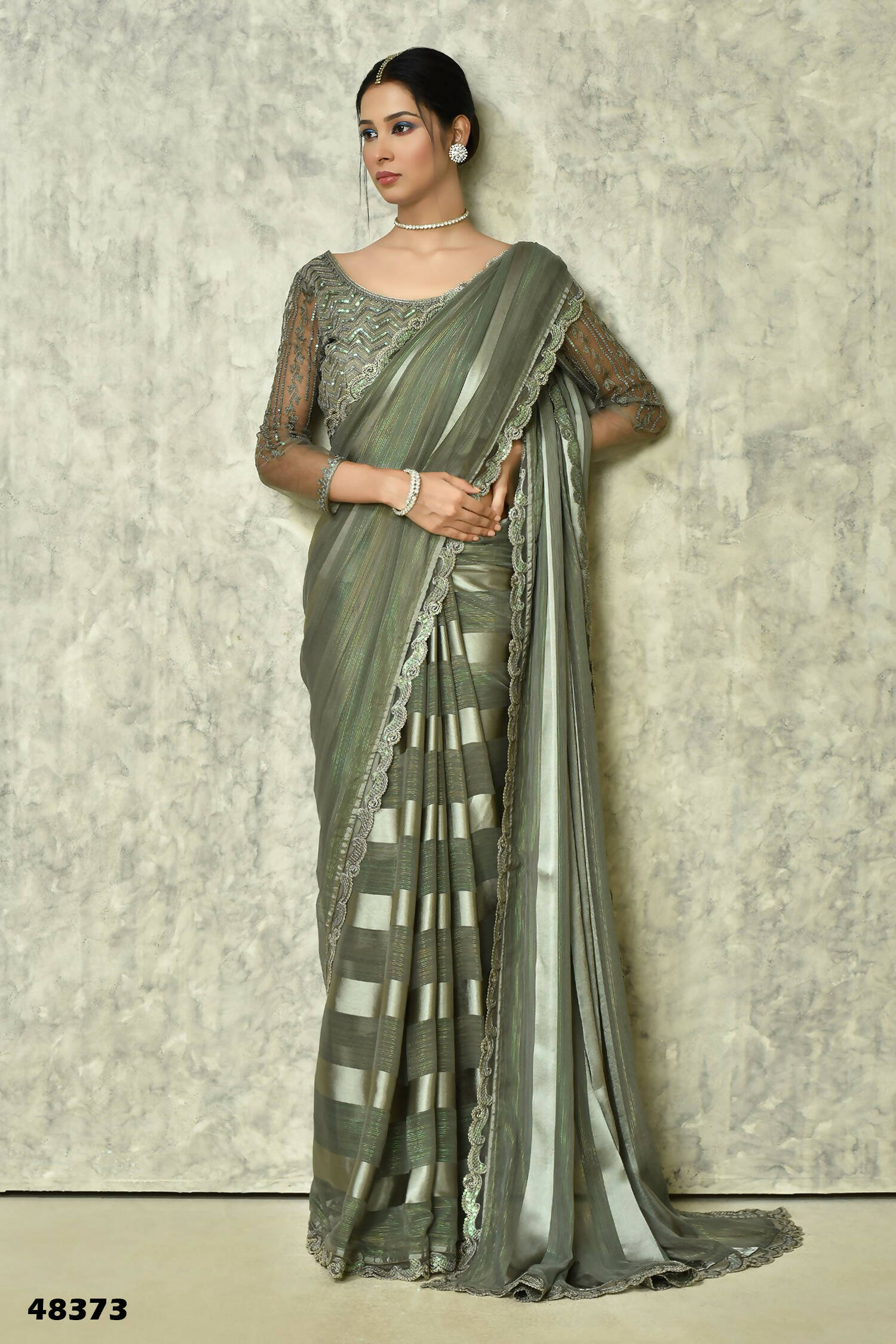 Grey Silk Stripe Saree With Blouse Piece - Purvi