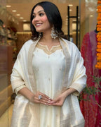 The52 White Beautiful Embroidered Viscose Chanderi Fabric Straight Kurta Pant with Dupatta Set - Distacart