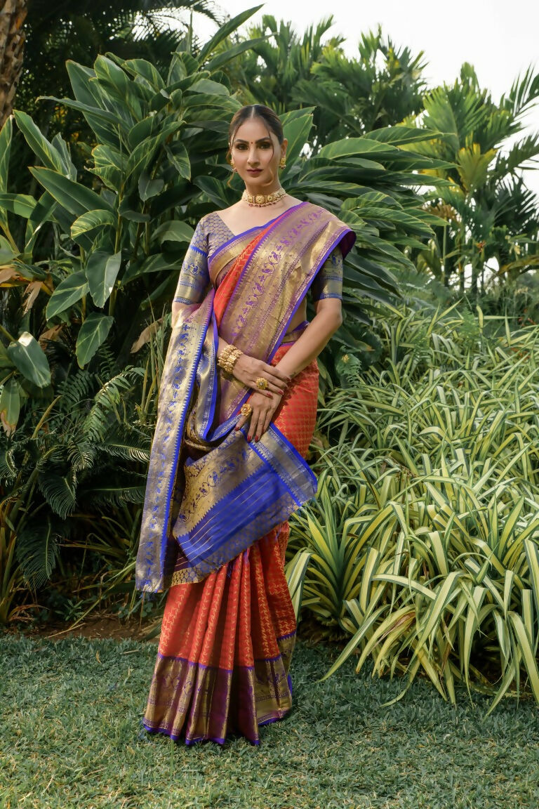 Jyoti Fashion Women's Orange Kanjivaram Silk Zari Woven Saree with Blouse