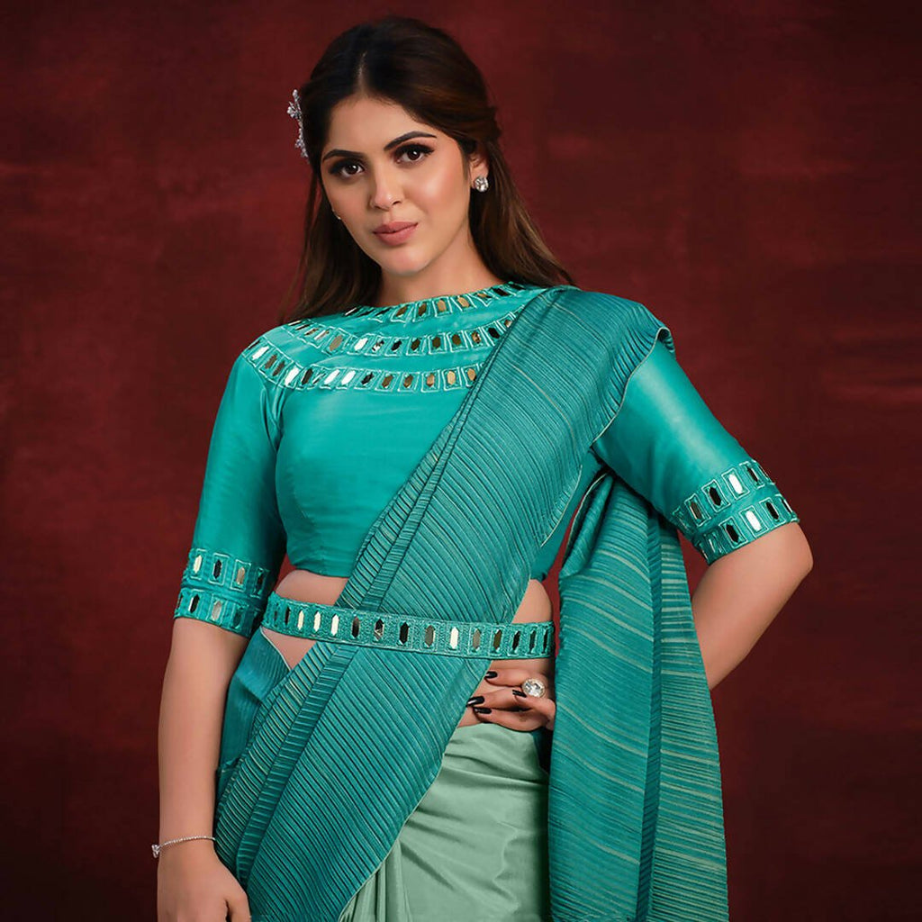 Aqua Blue Crepe Silk Georgette Mirror Thread Work/ Texture Pallu Saree - Mohmanthan Kimiya