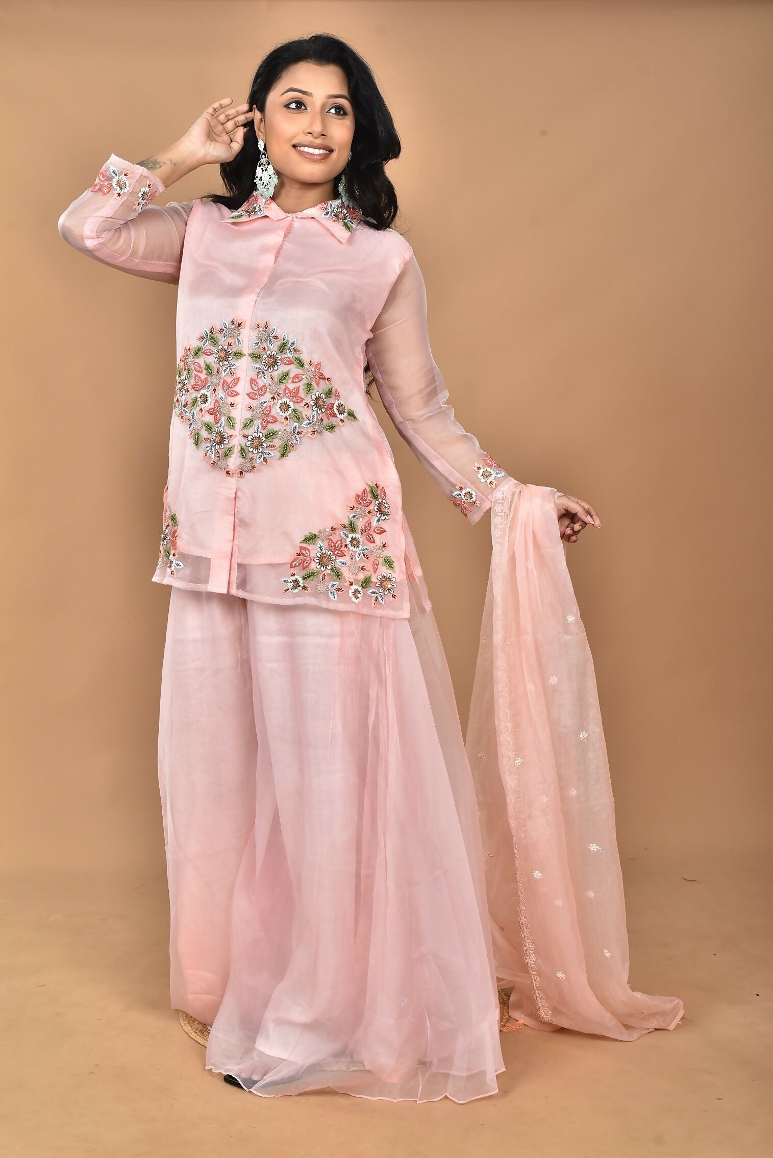 Morchari Women And Hand Embroidery Palazzo Set-Peach