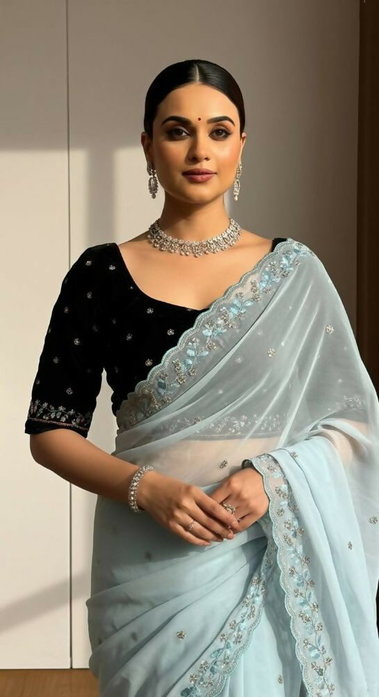 Joban Fashion Ice Blue Faux Georgette Party Wear Sarees - Distacart