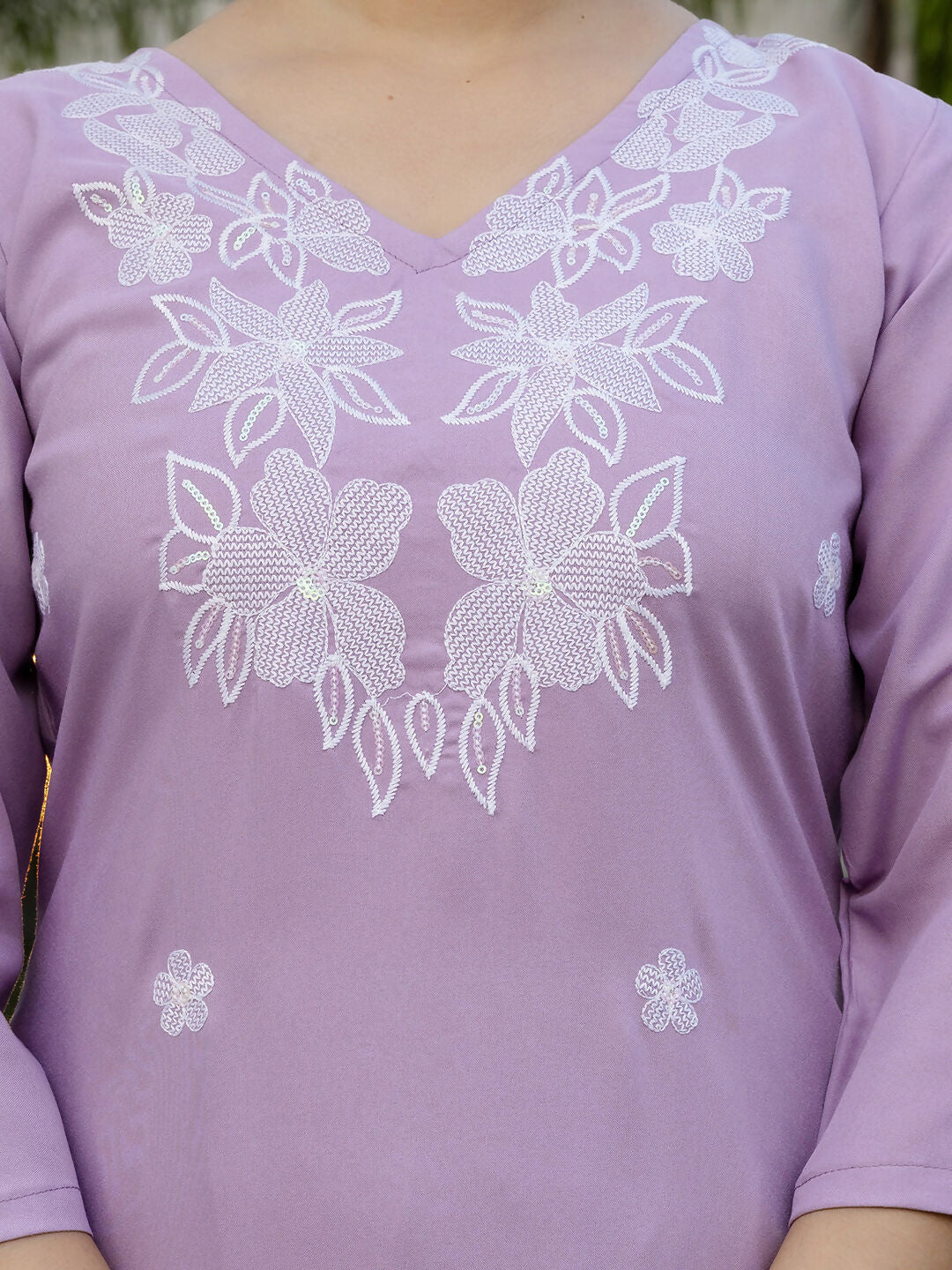 The52 Lavender Women's Beautiful Thread work Rayon Fabric with Straight Kurta, Pant and Dupatta Set - Distacart