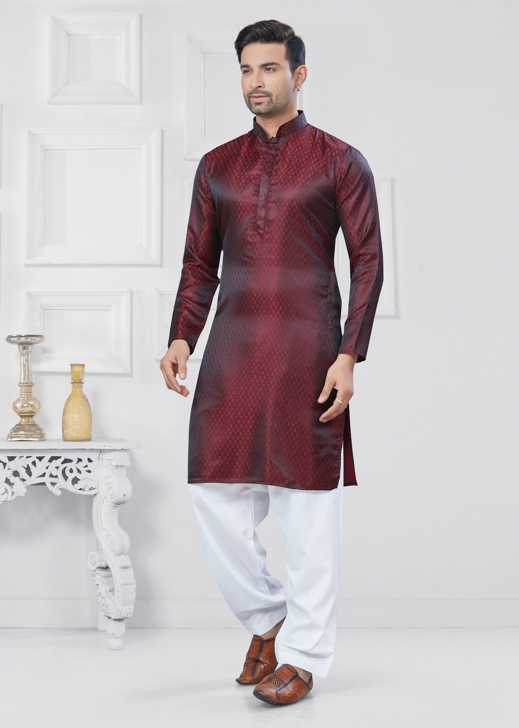 Joban Fashion Men's Jacquard Silk Marron Printed Kurta Pyjama set