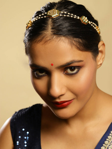 Gold-Polished White Kundan-Studded Pearl Beaded Hair Band - Ruby Raang