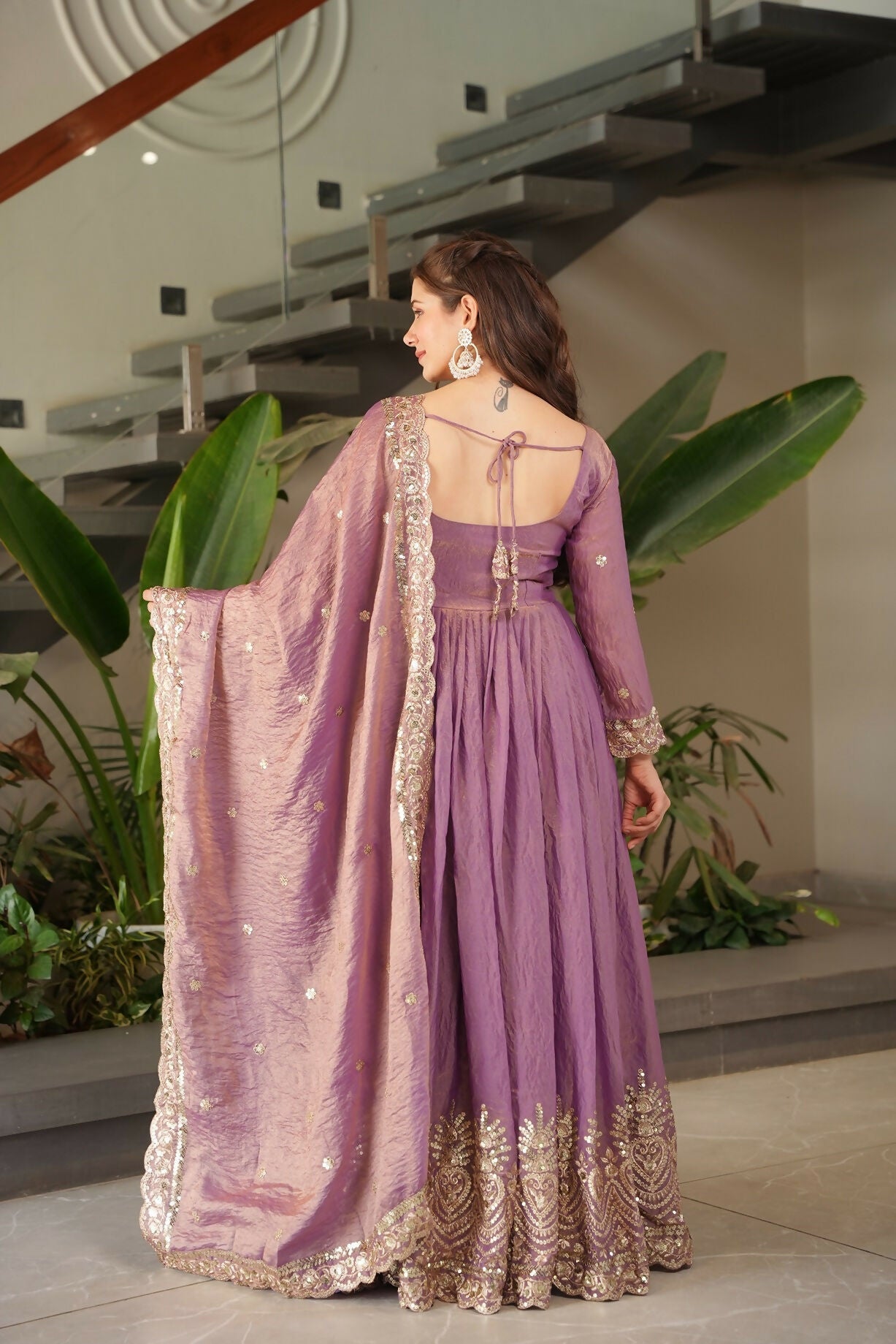 Teeya Creation Onion Color Fendy Silk Wedding Wear Embroidery Work Long Gown - Distacart