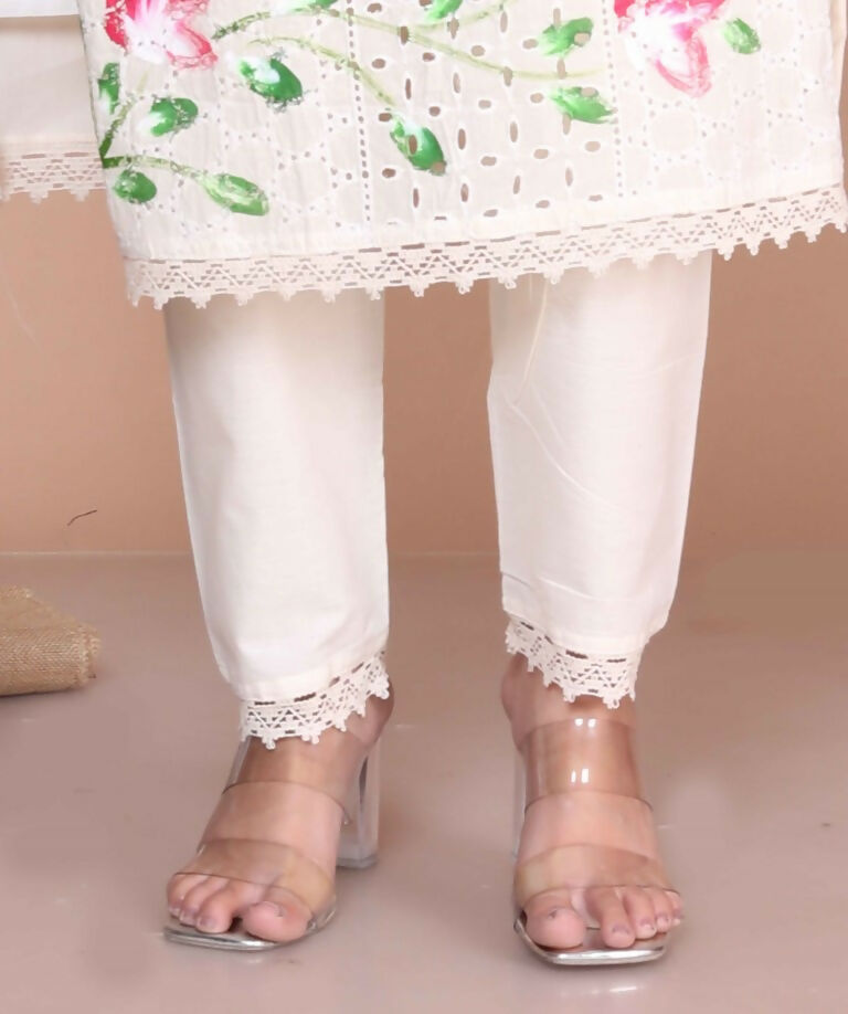 Miravan Women's Cream Hand Block Cotton Pakistani Kurta Palazzo With Dupatta Set