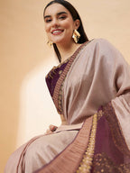 Beige, Purple Tussar Silk Zari, Thread And Cord Embroidery, Laser Cut Applique Saree - Norita Hit Design