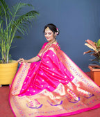 Jyoti Fashion Women's Pink Paithani Silk Zari Woven Saree with Blouse - Distacart