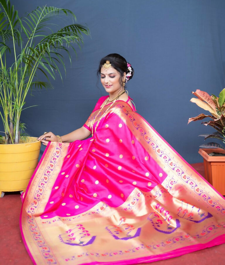 Jyoti Fashion Women's Pink Paithani Silk Zari Woven Saree with Blouse - Distacart