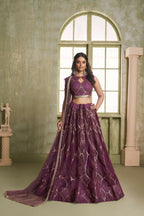 Eilara Embroidered, Sequins And Thread Work Net A - Line Lehenga Choli In Wine