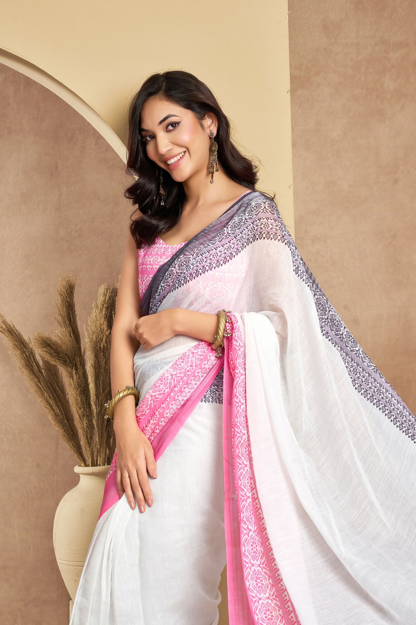Vastranavya White Digital Printed Linen Ready To Wear Designer Saree with Unstitched Blouse - Distacart