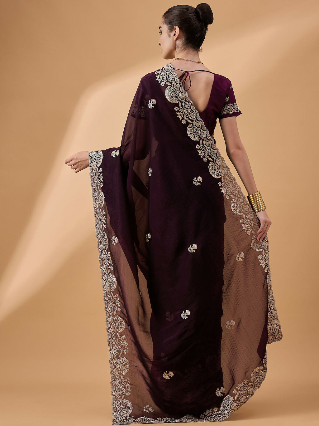 Purple Silk Embroidered Saree with Unstitched Blouse Piece - Satya