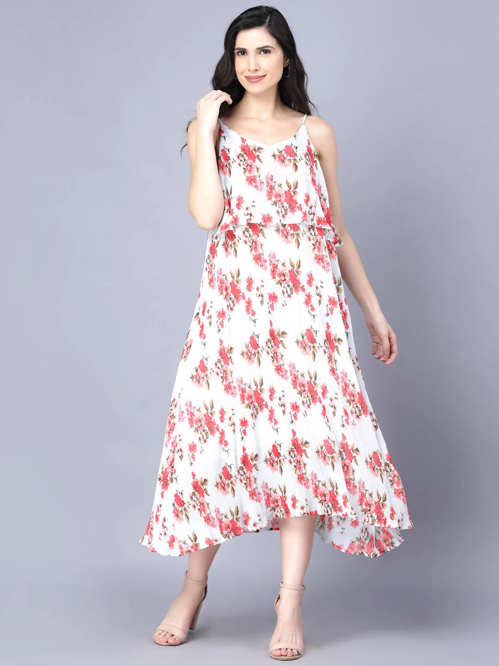 Myshka White Red Floral Layered Midi Dress - Distacart