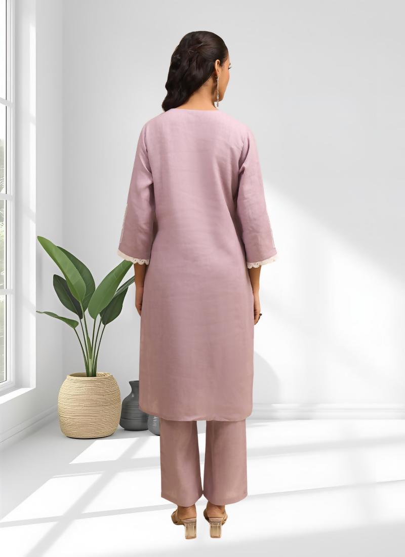 Joban Fashion Pink Linen Embroidered Readymade Long Kurta With Pant - Distacart