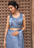 Sky Blue Tom Silk Plain Ready To Wear Saree With Stitched Blouse - Satiksha