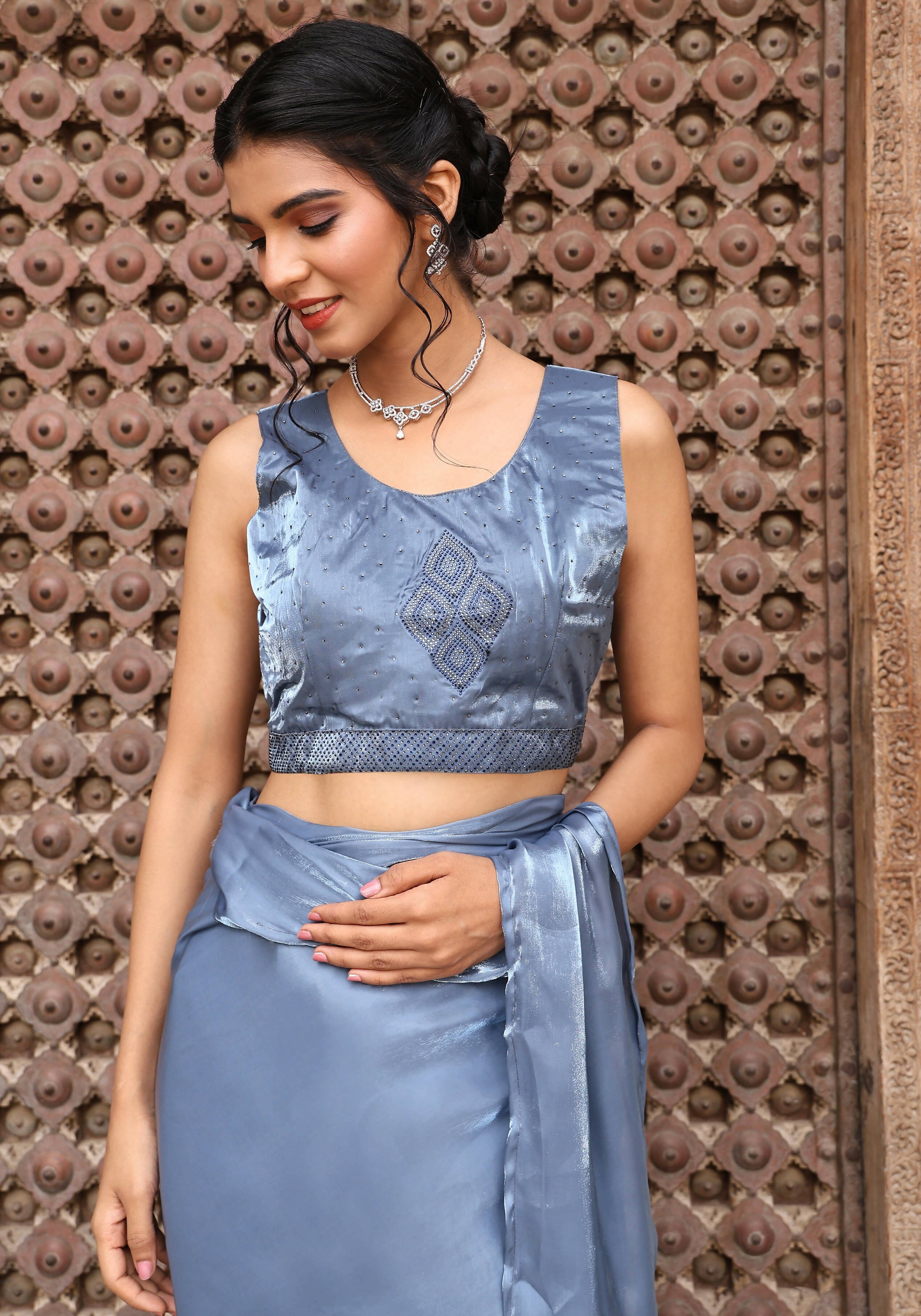 Sky Blue Tom Silk Plain Ready To Wear Saree With Stitched Blouse - Satiksha