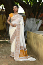 Joban Fashion Cream Crepe Chiffon Pure Handloom Banarasi Silk Saree