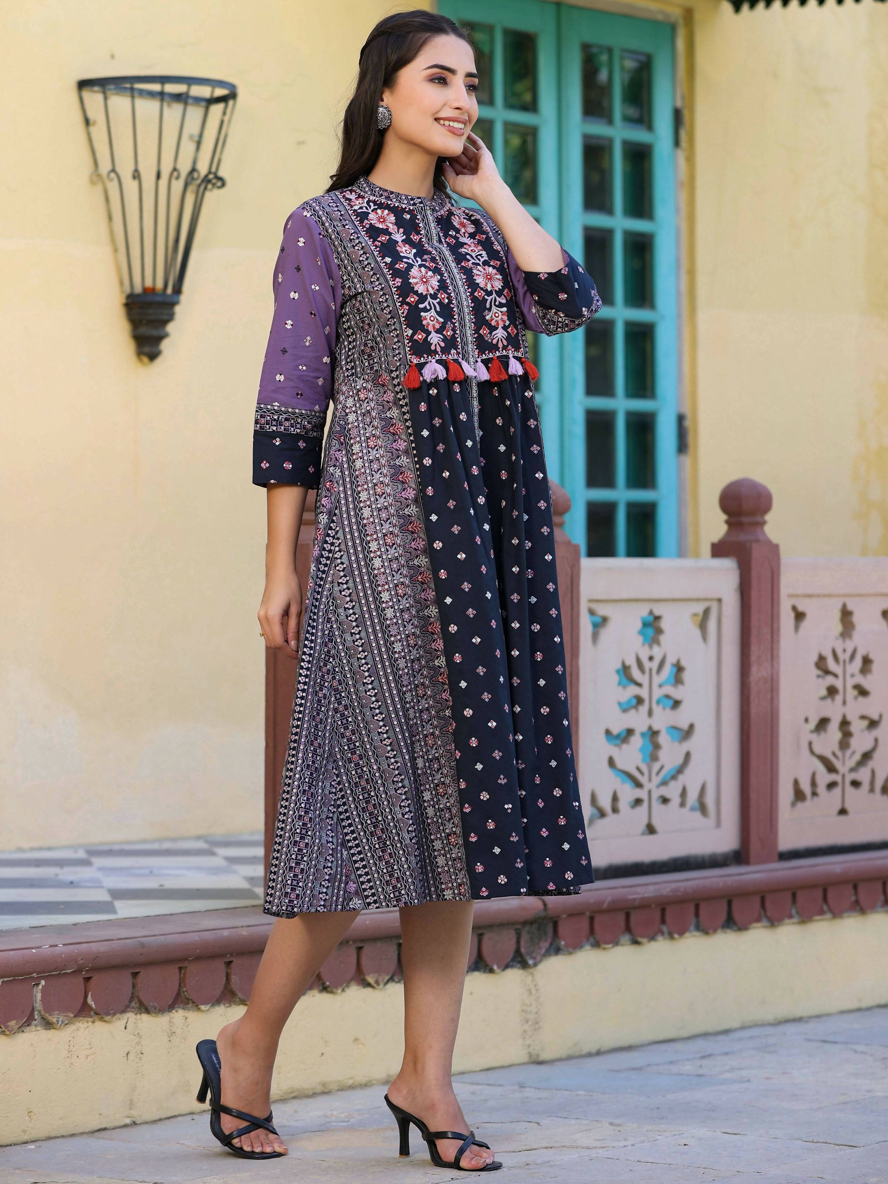 Juniper Women's Lavender Printed Embroidered Flared Dress - Distacart