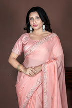 Morchari Peach Chiffon Hand Embroidery Saree Stitched Blouse - Distacart