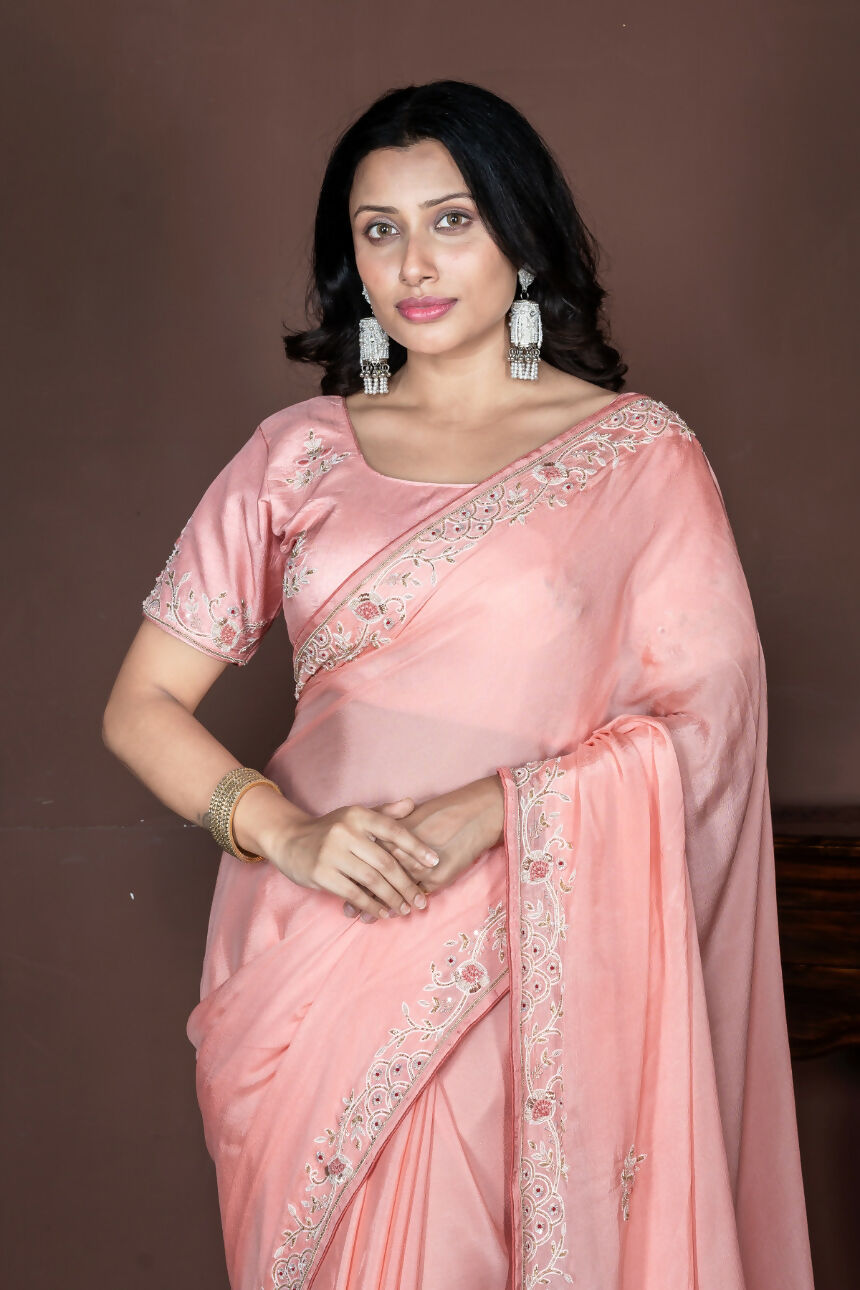 Morchari Peach Chiffon Hand Embroidery Saree Stitched Blouse - Distacart