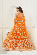 Aastha Fashion Orange Butterfly Net White Cotton Thread Work And Sequence Work Embroidery Wedding Wear Lehenga Choli