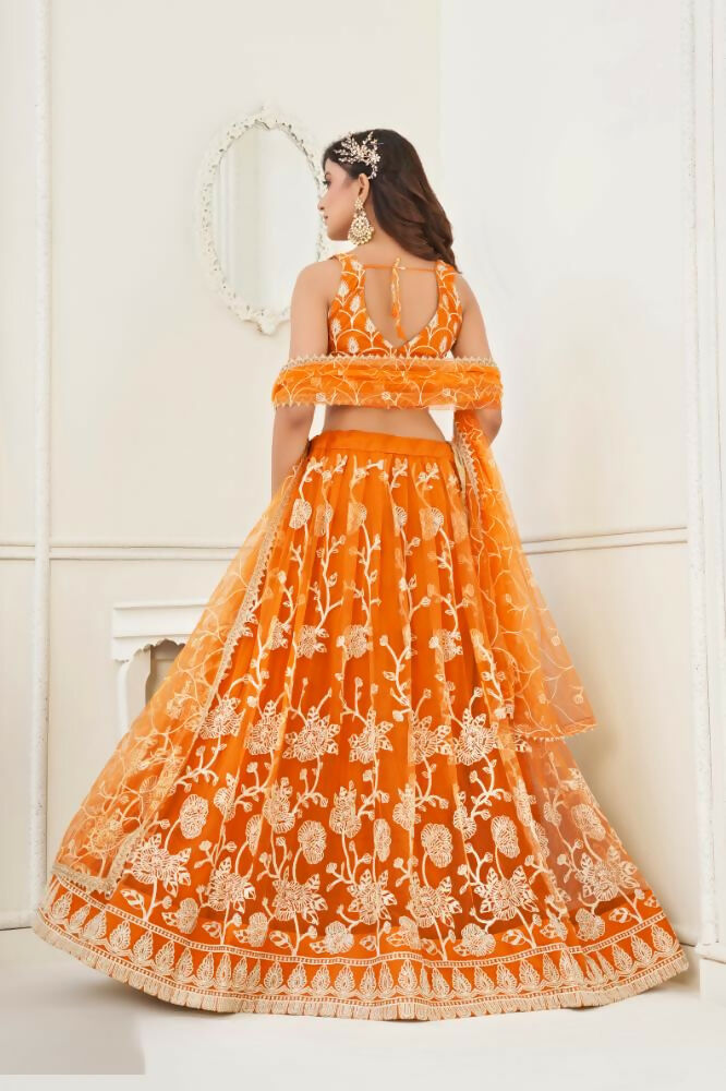 Aastha Fashion Orange Butterfly Net White Cotton Thread Work And Sequence Work Embroidery Wedding Wear Lehenga Choli