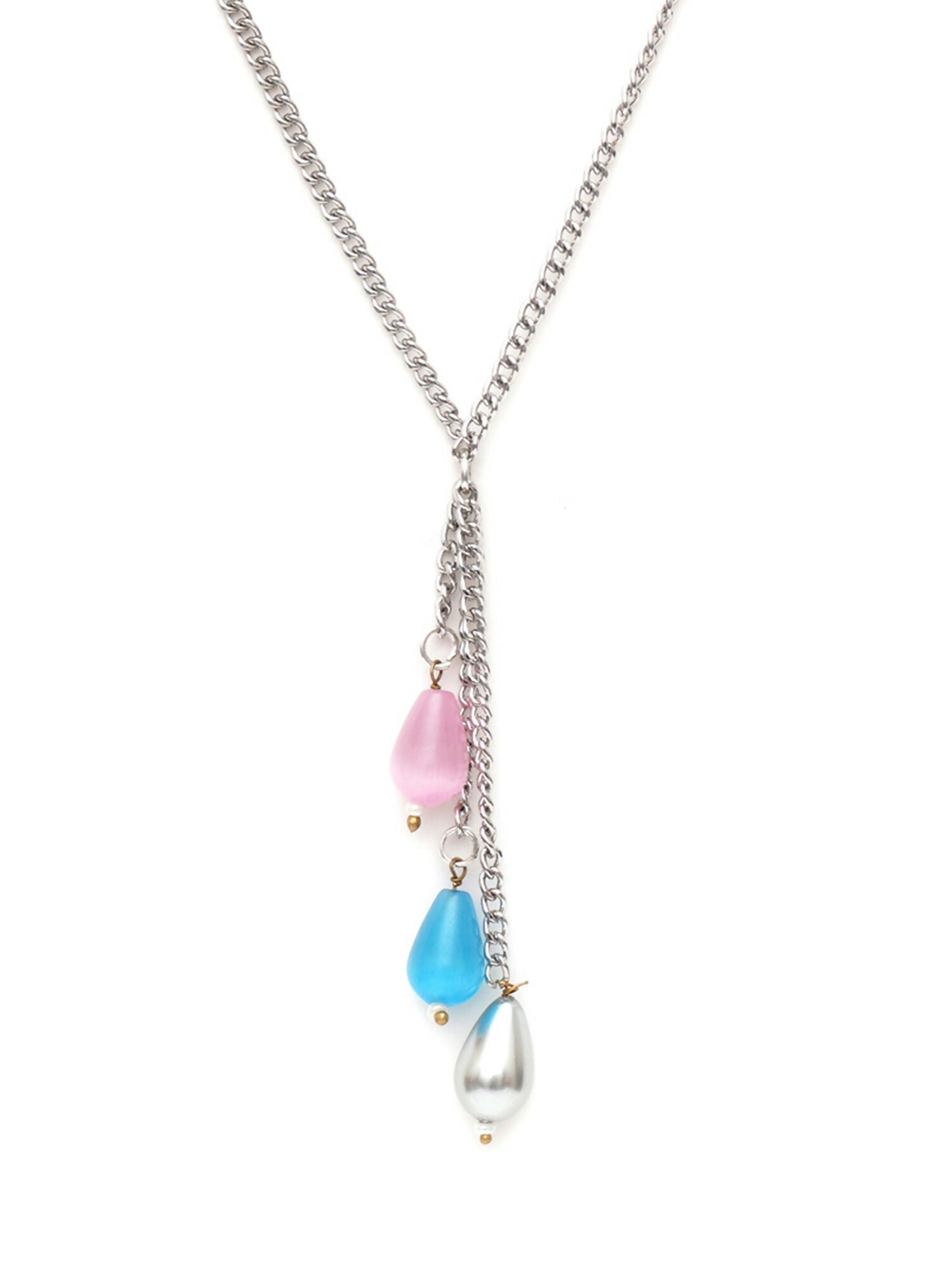 Long Silver Neckpiece with Multi Stones (silver) - Ruby Raang