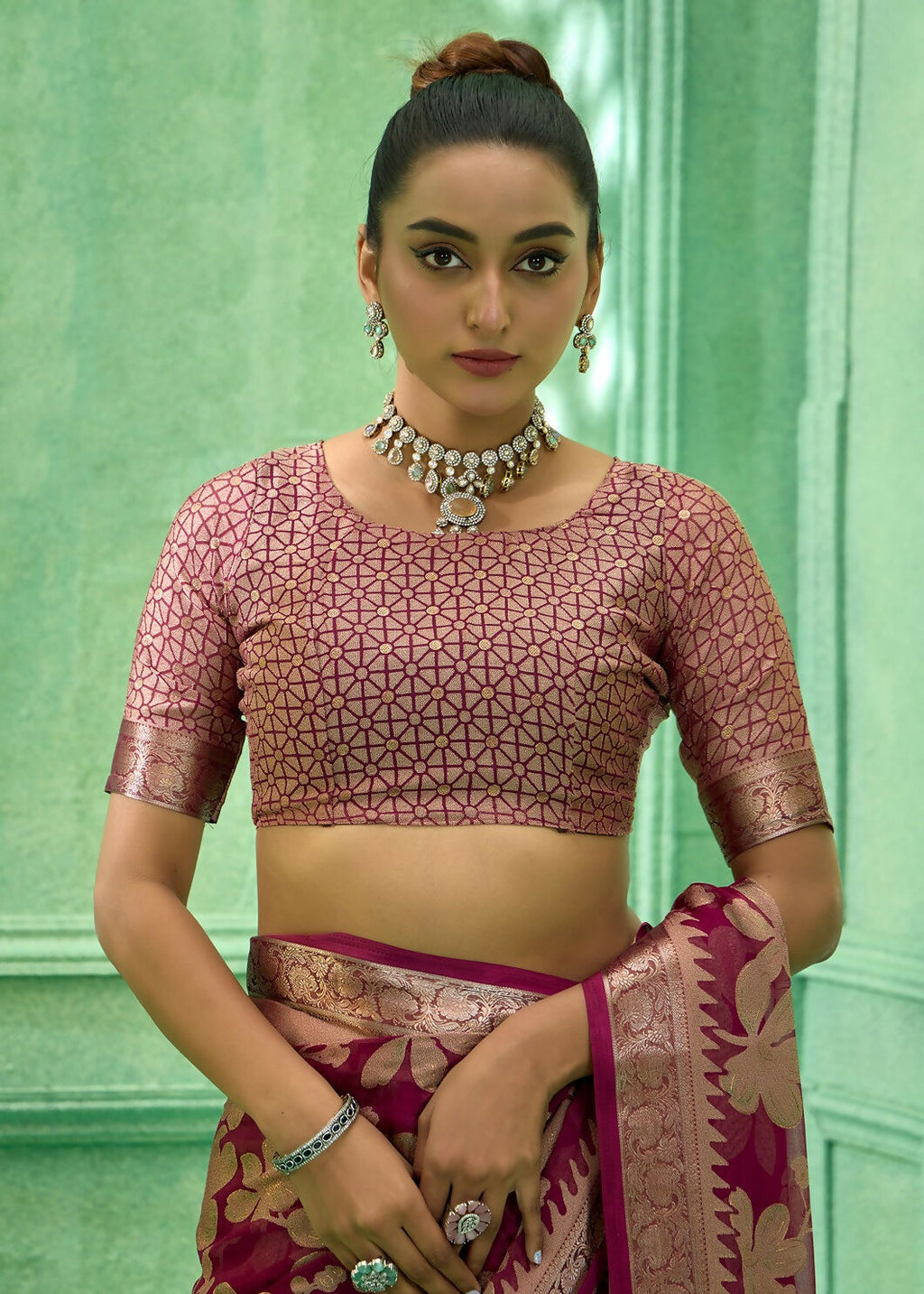 Joban Fashion Deep Magenta Dull Moss Brasso With Kasab Zari Border Saree & Tassels With Brasso Blouse - Distacart