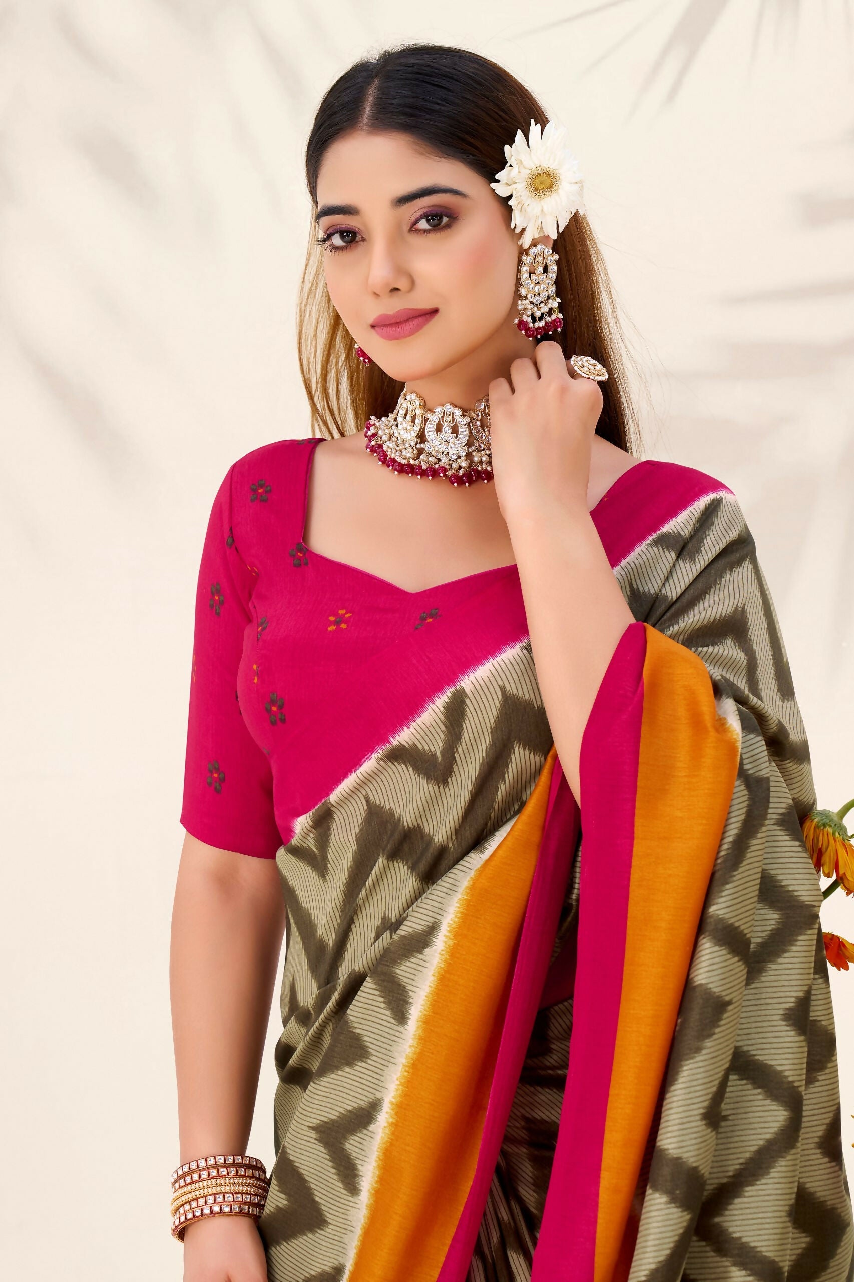 Vastranavya Mehendi Tussar Silk Zigzag Waves Printed Saree with Unstitched Blouse - Distacart