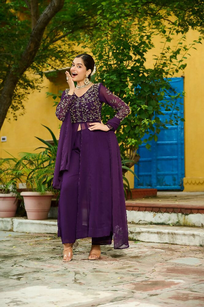 Joban Fashion Purple Readymade Kurta Set With Sequence embroidery Work - Distacart
