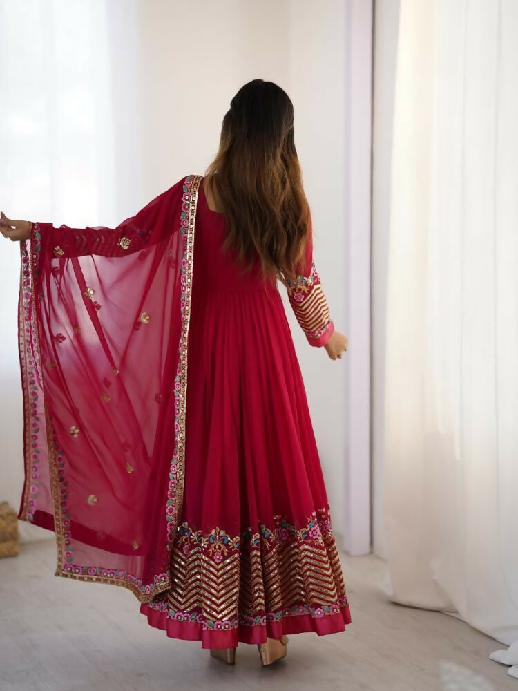 Joban Fashion Red Georgette Sequence Embroidery Work Readymade Kurta Set - Distacart
