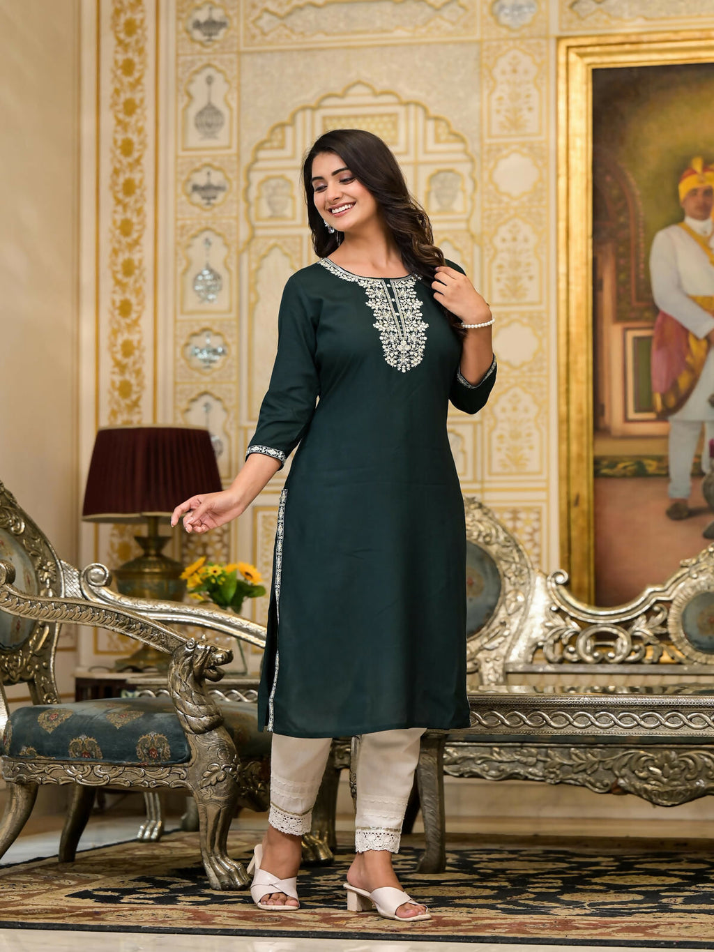Juniper Women's Green Thread Embroidered Rayon Kurta