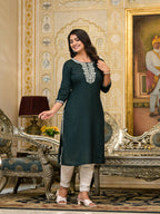 Juniper Women's Green Thread Embroidered Rayon Kurta