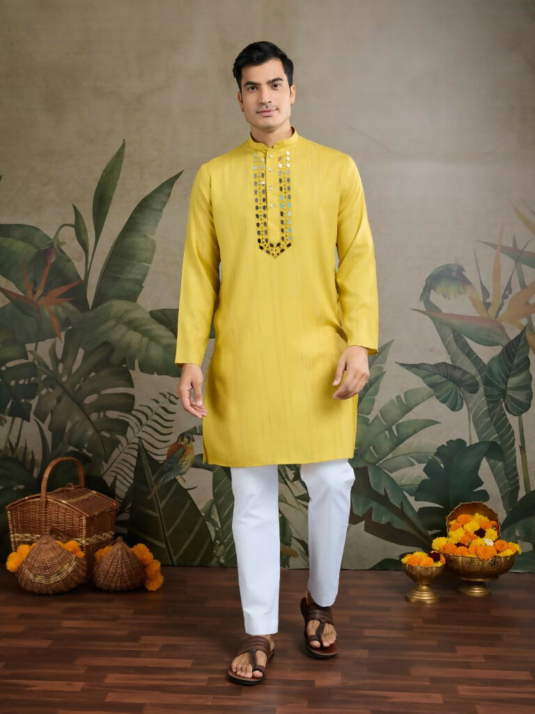 Vastranavya Yellow Exclusive Viscose Silk Festival Wear Real Mirror Work Kurta with Dupatta