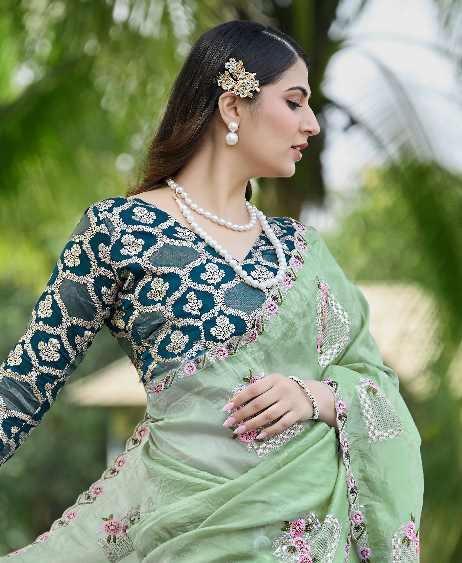 Teeya Creation Pista Color Pure Paper Silk Heavy Embroidery Work Wedding Wear Saree - Distacart