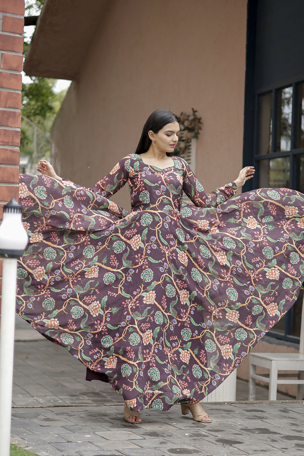 Aayaa Designer Printed Georgette Full Flare Gown With Dupatta - Multi Color - Distacart