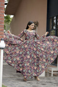 Aayaa Designer Printed Georgette Full Flare Gown With Dupatta - Multi Color - Distacart