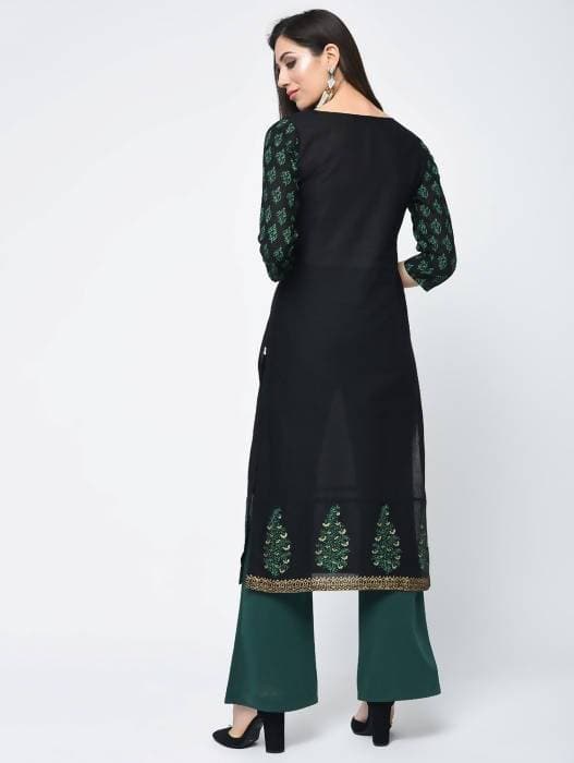 Aniyah Cotton Block Printed Black Straight Kurta (AN-131K)