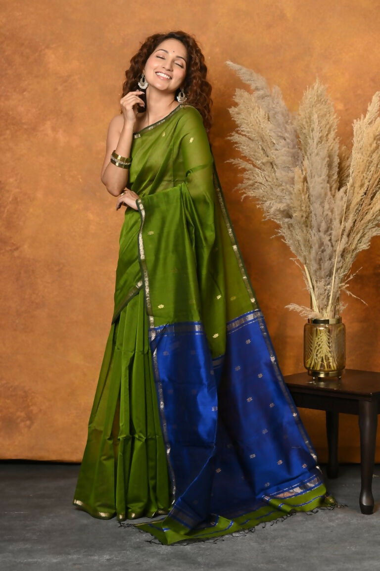 Very Much Indian Handloom Pure Cotton Silk Saree With Sleek Golden Border - Green