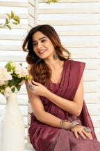 Joban Fashion Maroon Ethnic Motifs Linen Ready To Wear Saree With Unstitched Blouse - Distacart