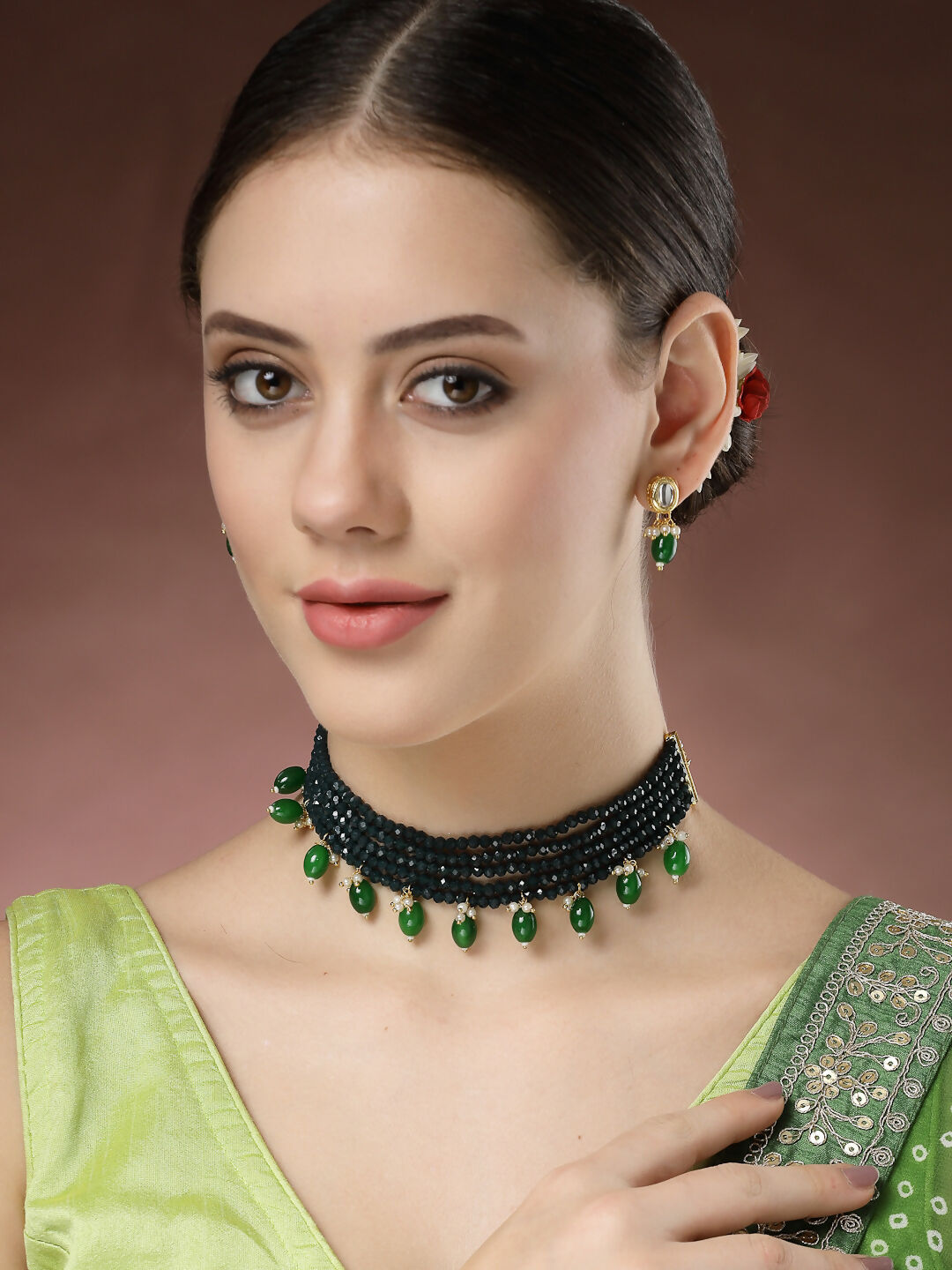 NVR Women's Green Artificial Beads Layered Necklace with Drop Earring